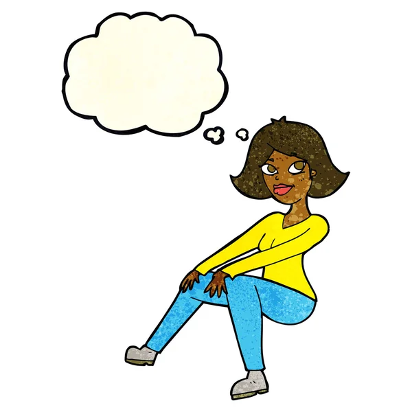 Dibujos animados mujer feliz sentado con burbuja de pensamiento — Vector de stock