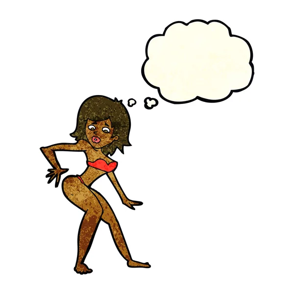 Cartoon woman in bikini with thought bubble — Stock Vector