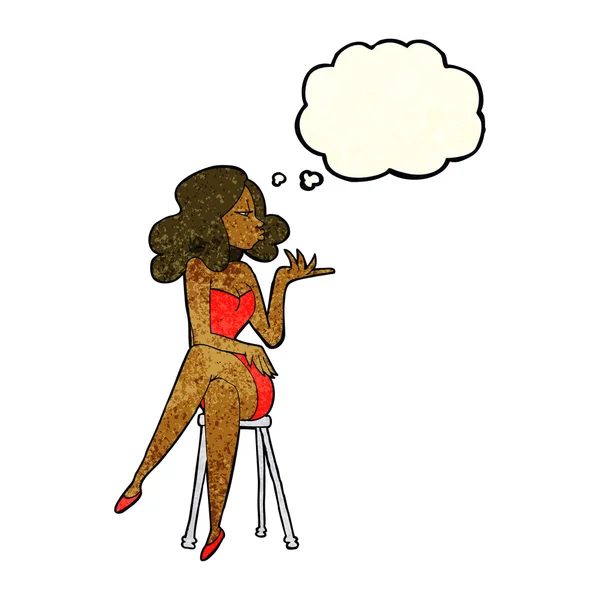 Mujer de dibujos animados sentado en taburete de bar con burbuja de pensamiento — Vector de stock