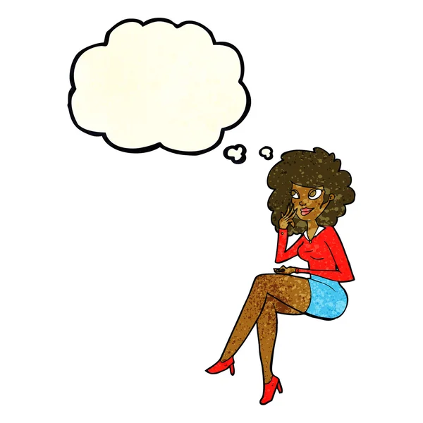 Mujer de oficina de dibujos animados sentado con burbuja de pensamiento — Vector de stock