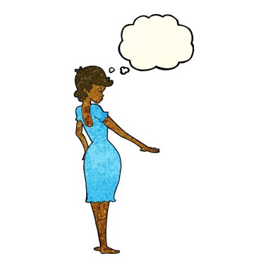 Düşünce baloncuğuyla tırnaklara bakan güzel bir kadın.