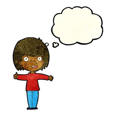 Düşünce baloncuğu olan mutlu çizgi film kadını