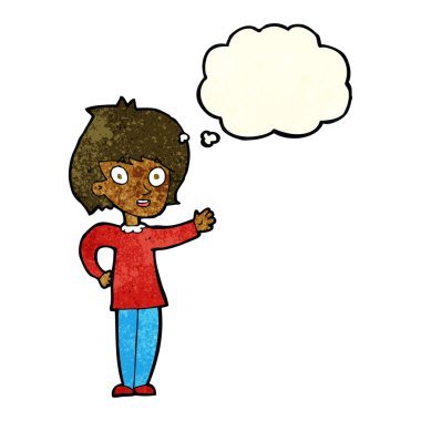 Düşünce baloncuğu olan mutlu çizgi film kadını