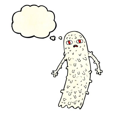 Düşünce baloncuklu hayaletli karikatür.
