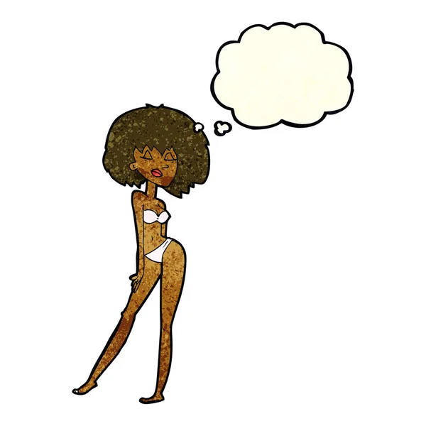 Tecknade kvinnan i bikini med tankebubbla — Stock vektor