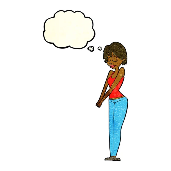 思考バブルを持つ漫画コンテンツの女性 — ストックベクタ