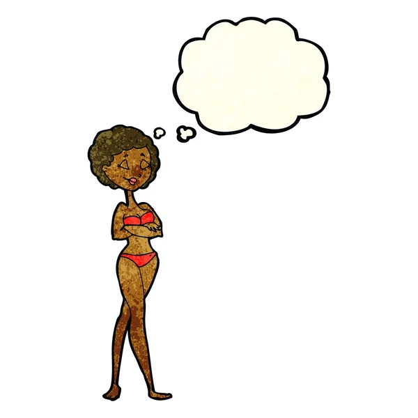 Dibujos animados mujer retro en bikini con burbuja de pensamiento — Vector de stock