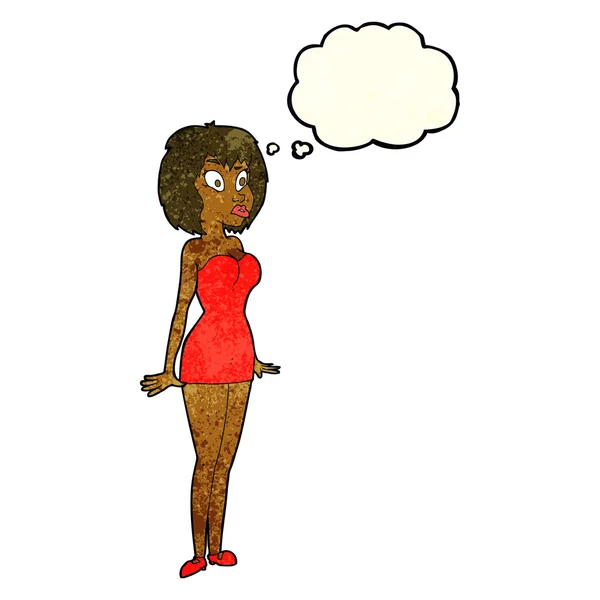 Dibujos animados mujer sorprendida en vestido corto con burbuja de pensamiento — Vector de stock