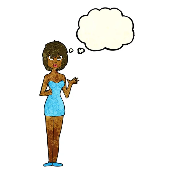 Dibujos animados mujer confundida en vestido de cóctel con burbuja de pensamiento — Vector de stock