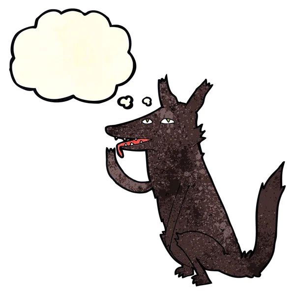 Desenho animado lobo lambendo pata com bolha pensamento —  Vetores de Stock