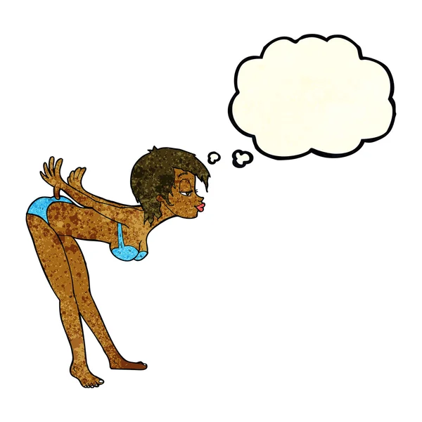 Cartoon pin up menina em biquíni com bolha de pensamento — Vetor de Stock