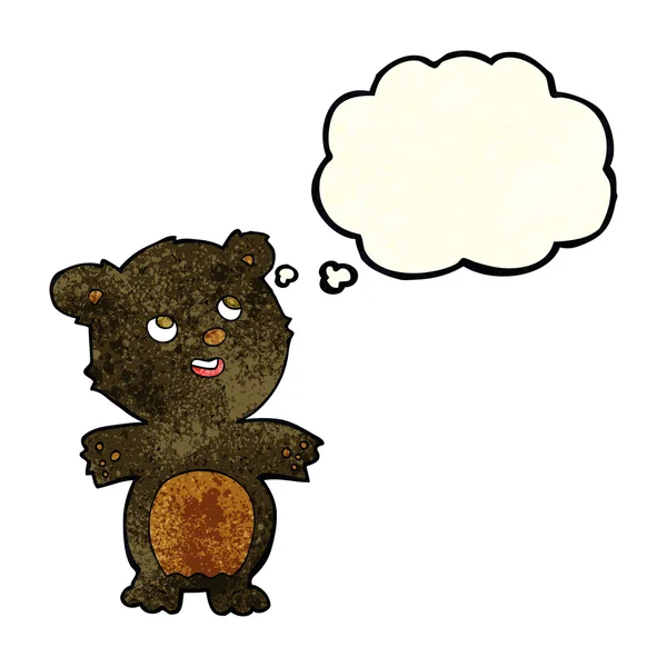 Dibujos animados pequeño oso negro feliz con burbuja de pensamiento — Vector de stock