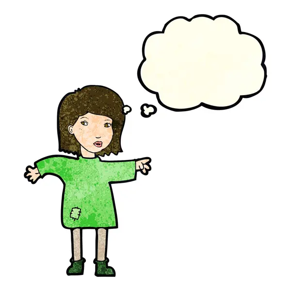 Femme dessin animé en vêtements patchés avec bulle de pensée — Image vectorielle