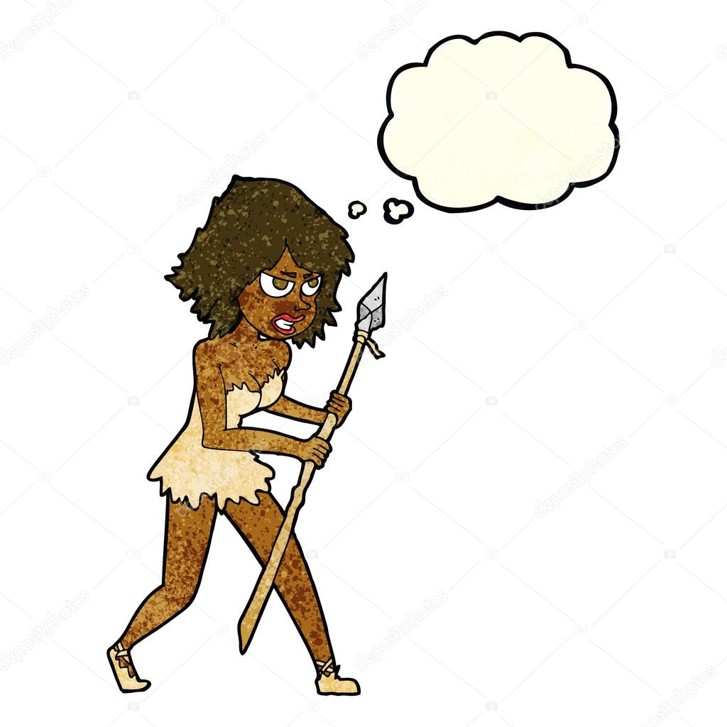 cartoon cave girl with thought bubble