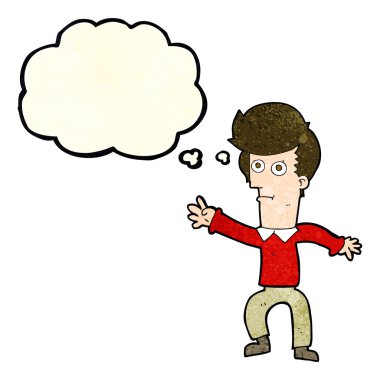 Düşünce baloncuğuyla el sallayan çizgi film adamı.