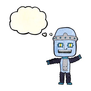 Düşünce baloncuğu sallayan robot.