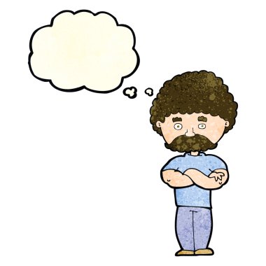 Düşünce baloncuğu ile kollarını kavuşturmuş çizgi film babası.