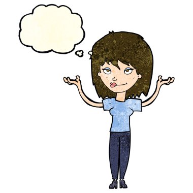 Çizgi filmdeki kadın düşünce balonuyla omuz silkiyor.