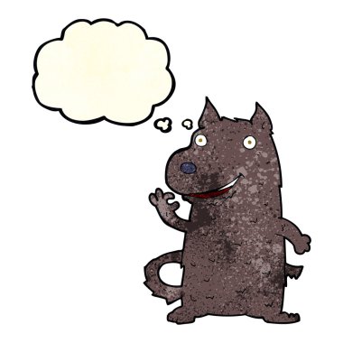 Düşünce baloncuklu mutlu bir köpek.