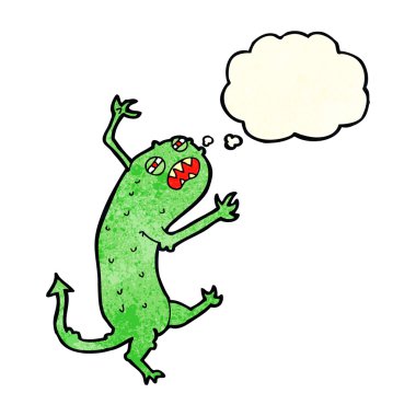 Düşünce baloncuklu küçük canavar.