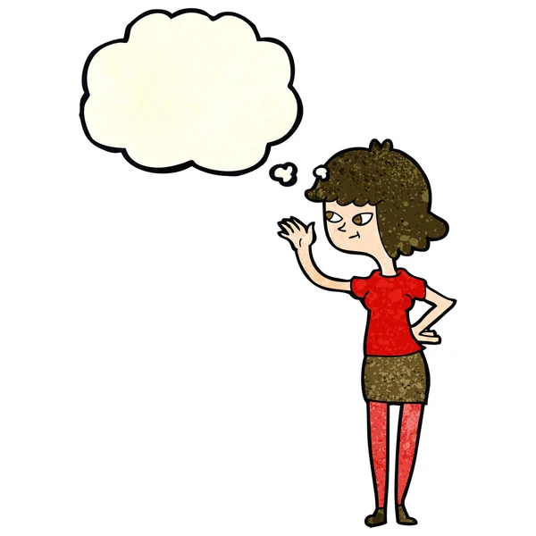 Desenho animado menina amigável acenando com bolha de pensamento — Vetor de Stock