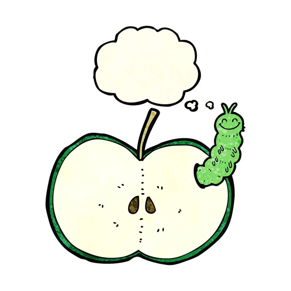 Мультяшний жук їсть яблуко з думкою бульбашкою — стоковий вектор