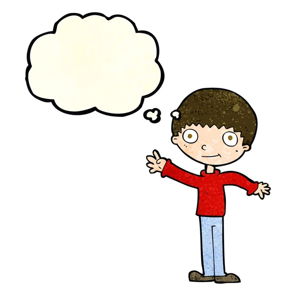 Cartoon gelukkig zwaaien jongen met gedachte zeepbel — Stockvector