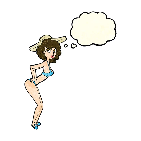 Καρτούν pin-up κορίτσι παραλία με φούσκα σκέψης — Διανυσματικό Αρχείο