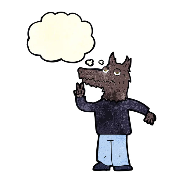 Desenho animado homem lobo feliz com bolha de pensamento — Vetor de Stock