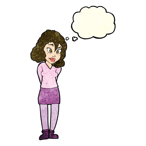 Γελοιογραφία συγκεχυμένης γυναίκας με σκέψη φούσκα — Διανυσματικό Αρχείο