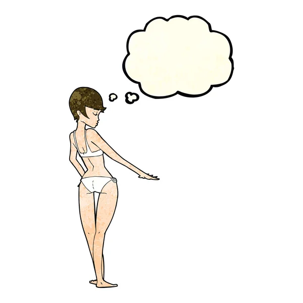Cartoon-Frau im Bikini mit Gedankenblase — Stockvektor