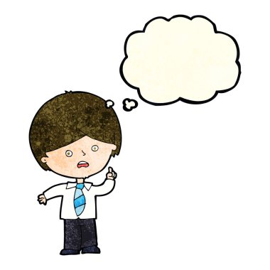 çizgi film endişeli okul çocuğu düşünce baloncuğuyla el kaldırıyor.