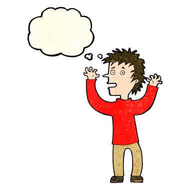 Düşünce baloncuğu olan heyecanlı çocuk.