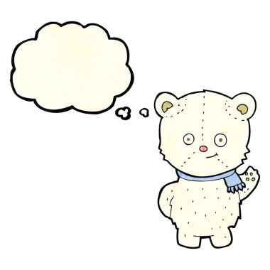 Düşünce baloncuğuyla el sallayan şirin kutup ayısı.