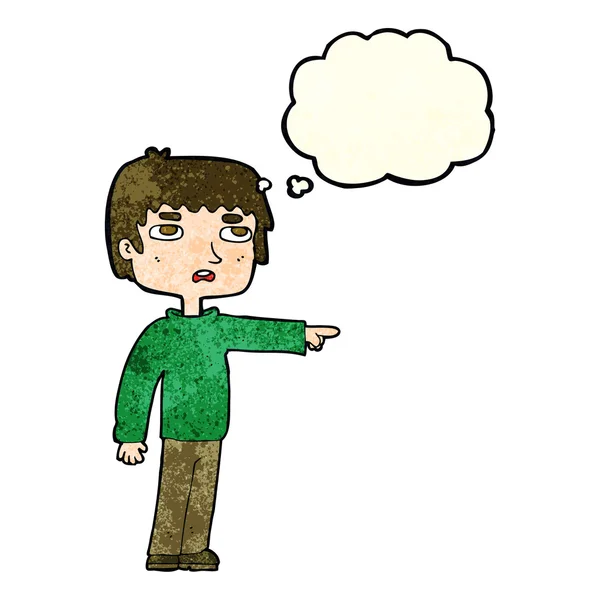 Cartoon jongen wijzend met gedachte zeepbel — Stockvector