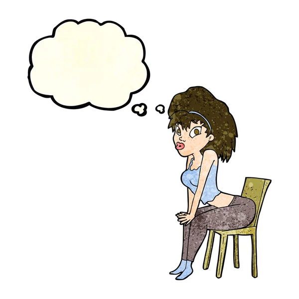 Γυναίκα κινουμένων σχεδίων που θέτουν σε καρέκλα με σκέψη φούσκα — Διανυσματικό Αρχείο