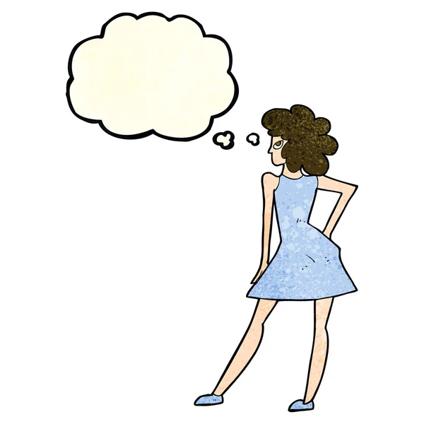 Mulher dos desenhos animados posando no vestido com bolha pensamento —  Vetores de Stock