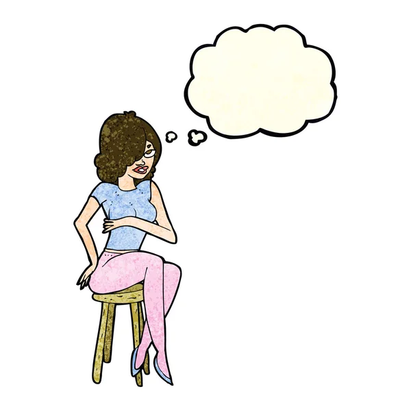 Düşünce baloncuğuyla bar taburesinde oturan karikatür kadını. — Stok Vektör