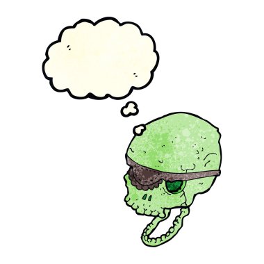 Düşünce baloncuklu göz bandıyla garip kafatasları.