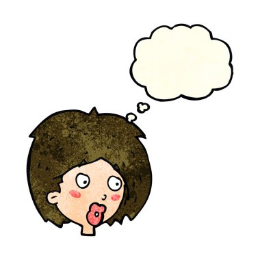 Düşünce baloncuğuyla bakan çizgi film kadını.