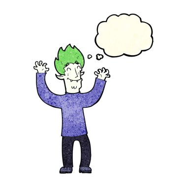 Düşünce baloncuklu mutlu vampir adam çizgi filmi.