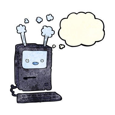 Düşünce baloncuklu eski bilgisayar