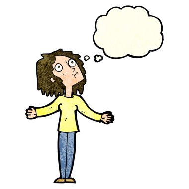 Çizgi film meraklısı kadın düşünce baloncuğuyla yukarı bakıyor