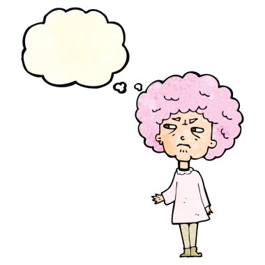 Düşünce baloncuğu olan yaşlı bir kadın.