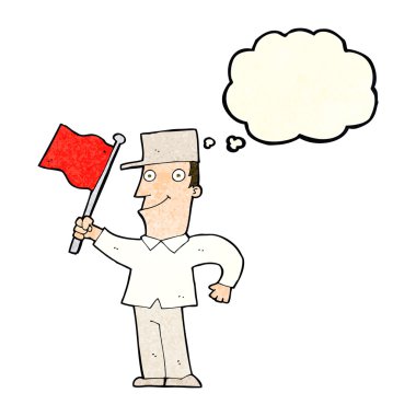 Düşünce baloncuğuyla bayrak sallayan çizgi film adamı.