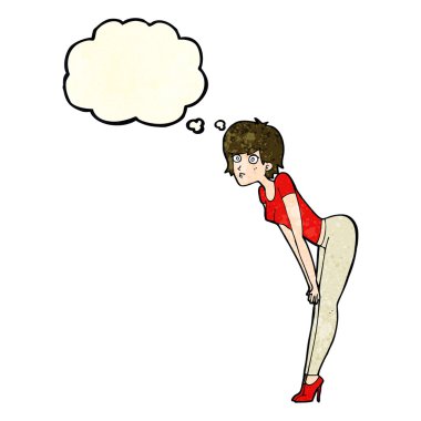 Çizgi filmdeki kadın düşünce baloncuklu bir şeye bakıyor.