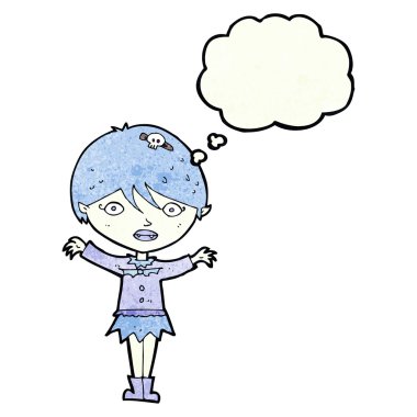 Düşünce baloncuğu sallayan vampir kız.