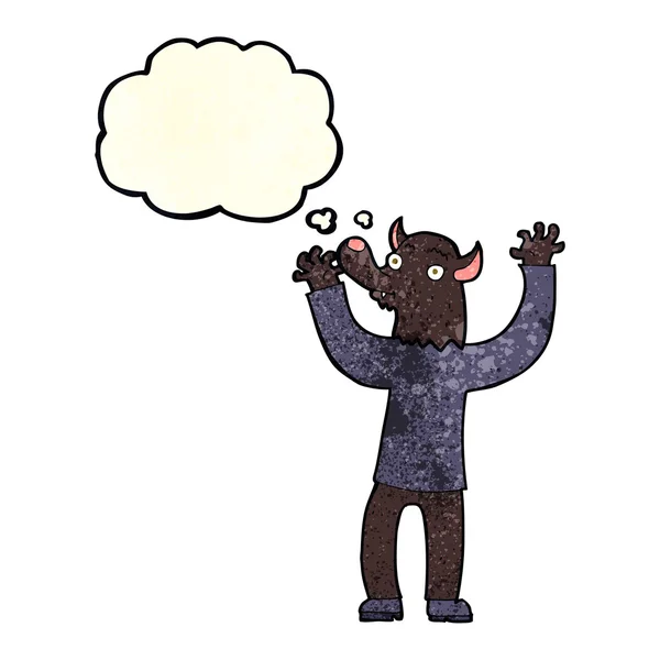 Cartone animato uomo lupo mannaro felice con bolla di pensiero — Vettoriale Stock