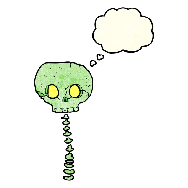 Desenho animado assustador crânio e coluna vertebral com bolha de pensamento — Vetor de Stock