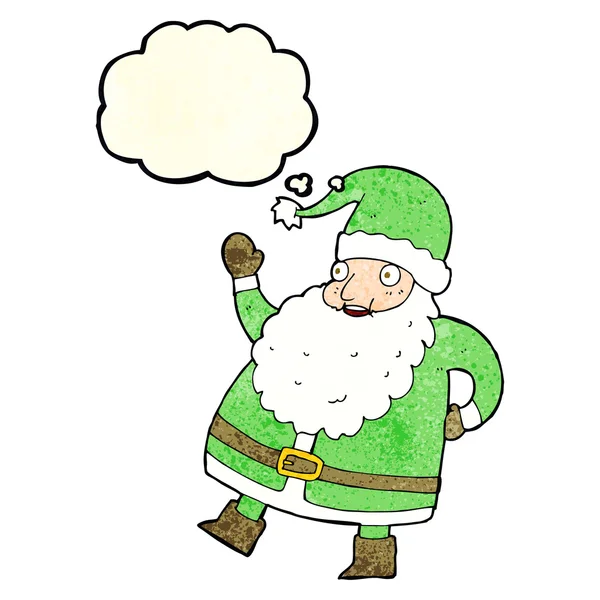 Divertido agitando Santa Claus dibujos animados con burbuja de pensamiento — Vector de stock